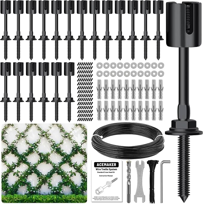 20-Set PVD Black 1/8" Wire Trellis for Climbing Plants Outdoor with 98ft Vinyl Coated Cable, T316 Stainless Steel Wall Wire Trellis Kit