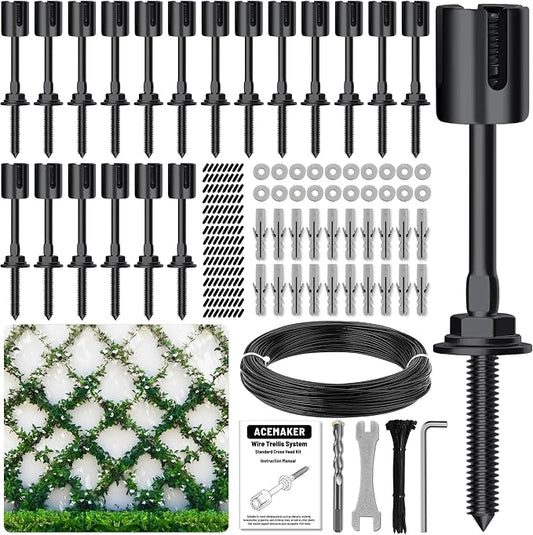 20-Set PVD Black 1/8" Wire Trellis for Climbing Plants Outdoor with 98ft Vinyl Coated Cable, T316 Stainless Steel Wall Wire Trellis Kit