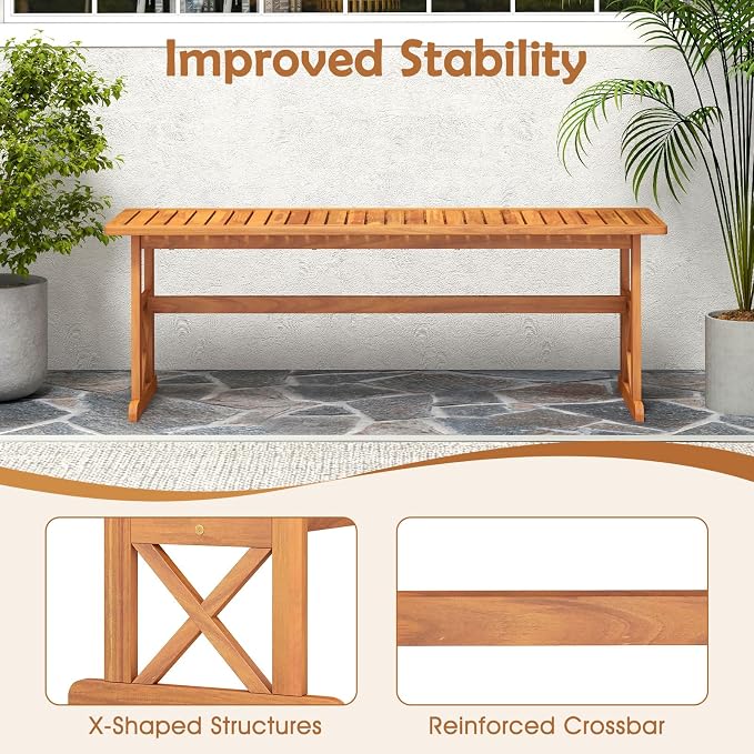 HAPPYGRILL Acacia Wood Outdoor Bench for 2-3 People, Patio Bench with Slatted Seat & X-Shaped Frame, for Porch Garden Backyard and Park (1)