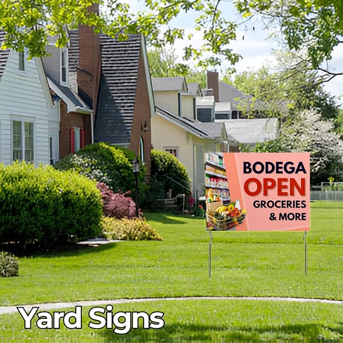Bodega Open - Groceries & More! Yard Sign by DC | 24"x18" Double Sided Conv. Store Garden Sign with 13” Metal Stakes | Outdoor Signs Waterproof for Lawn, Patio, Sidewalk & House | Set of 1