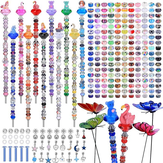 AIPRIDY DIY Crystal Beaded Fairy Wand Garden Stakes Kit, Colorful Decorative Wands with Assembly Guide, 12 or 10 Inch Threaded Rods,Outdoor Garden Decoration Set (252, Rainbow+Fairy Tale Top)