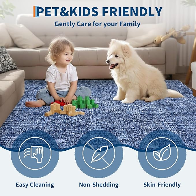 Garvee Washable 8x10 Rug for Living Room Modern Solid Neutral Rug Blue | Soft Non Slip Rugs for Bedroom, Low Pile Neutral Rug, Stain Resistant Foldable Carpet for Playroom Dorm, Farmhouse Rugs