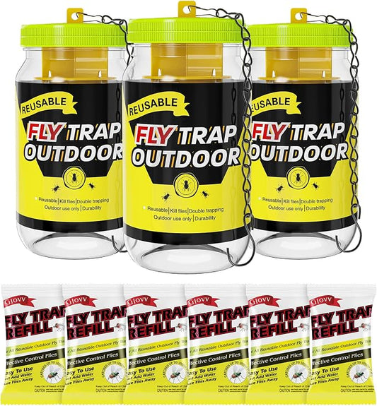 Reusable Fly Traps Outdoor Bottles, 3 Pack Fly Killer Catcher Jar with 6 Natural Magnet Bait Refills Lure, Flies Bug Insect Trap Control Outdoor Hanging for Outside Barns, Stable, Patio