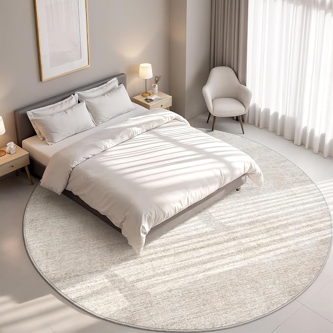 Valenrug Round Rugs 8ft, Circle Washable Area Rugs for Living Room, Beige | Soft Low Pile, Thin & Lighweight Non Slip Carpet, Folable Stain Resistant Modern Indoor Floor Mat for Bedroom, Dining Room