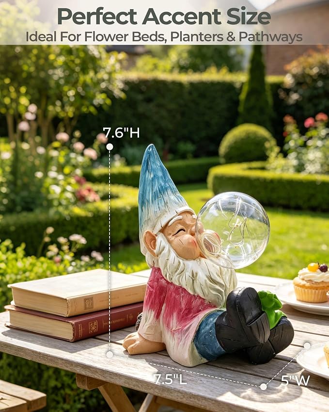 Solar Garden Gnome Statue with Colorful Glowing Bubble Light | Waterproof Resin Garden Statue, Outdoor Garden Decor for Patio, Yard, Lawn & Pathway, LED Figurine Light, 7.6 Inch