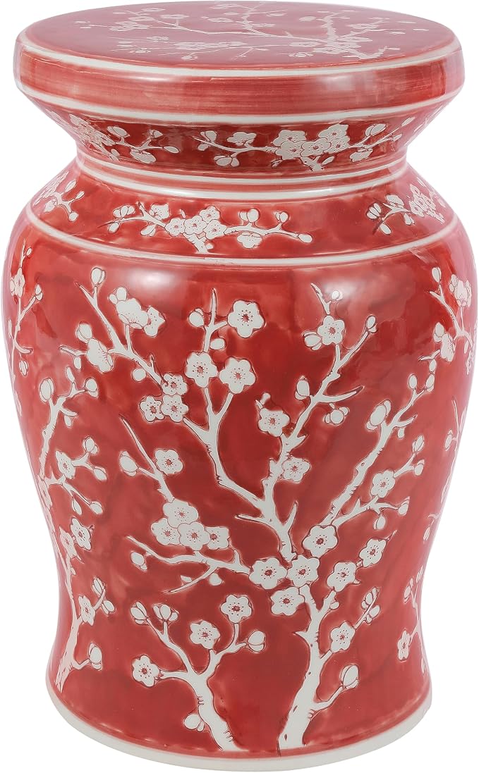 JONATHAN Y Cherry Blossom Ceramic Garden Stool 17.75" Chinoiserie Floral Drum Side Table for Patio and Living Room, Indoor Outdoor Plant Stand, Traditional, Red/White TBL1017B