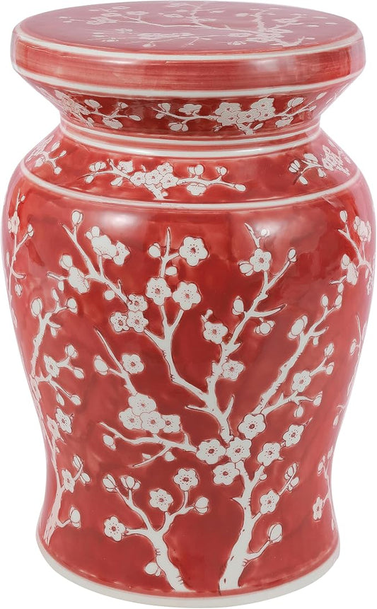 JONATHAN Y Cherry Blossom Ceramic Garden Stool 17.75" Chinoiserie Floral Drum Side Table for Patio and Living Room, Indoor Outdoor Plant Stand, Traditional, Red/White TBL1017B