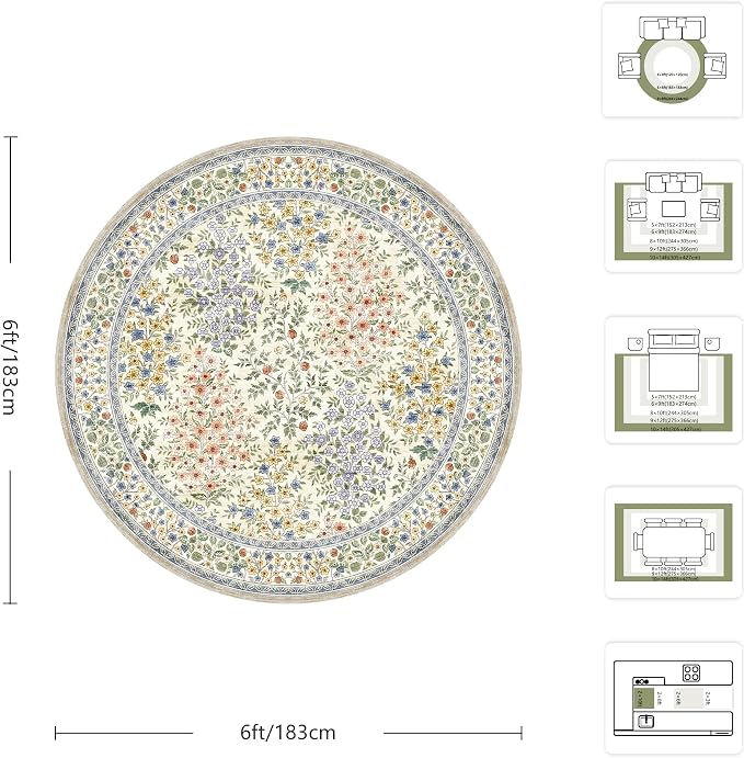 6FT Round Area Rugs, Machine Washable Low Pile Floral Rugs for Living Room, Bedroom, Large Boho Area Rug with Non-Slip Backing for Dining Room(Beige Floral)