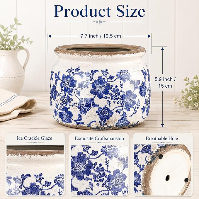 7.7" Large Vintage Ceramic Plant Pot Blue White Farmhouse Rose Crackle Glaze Rustic Flowers Planter Pot with Drainage for Indoor Outdoor Plants Kitchen Office Shelf Home Decor Gift