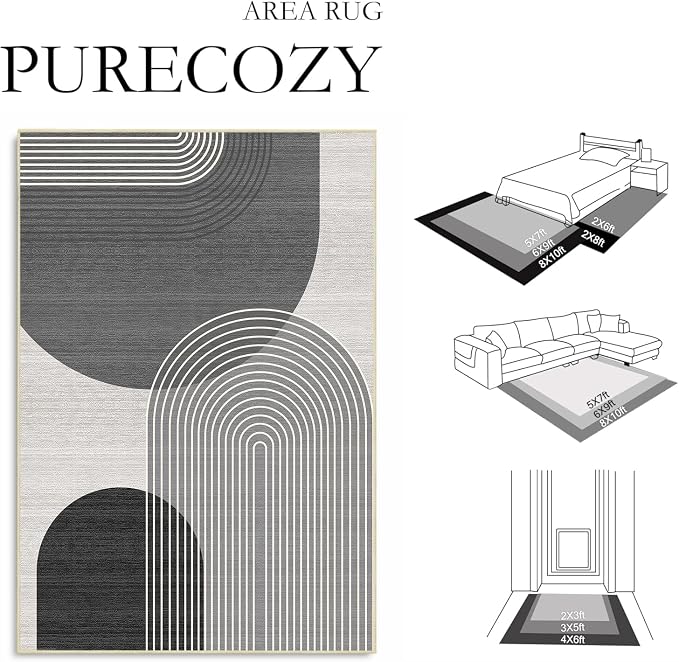 8x10 Large Area Rug for Living Room BohoRug Bohemian Rugs Machine Washable Modern Geometric Rug Non Slip Printed Low Pile Indoor Floor Carpet for Dining Room Bedroom Office,Grey and Black
