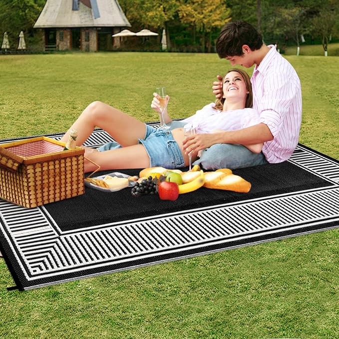 Garvee 9x12 Outdoor Rug for Patio Plastic Straw Rug Waterproof Reversible Mat Lightweight Foldable Carpet Easy Clean Large Rugs for Patio Porch Backyard Camping RV Beach Balcony Deck Border Black