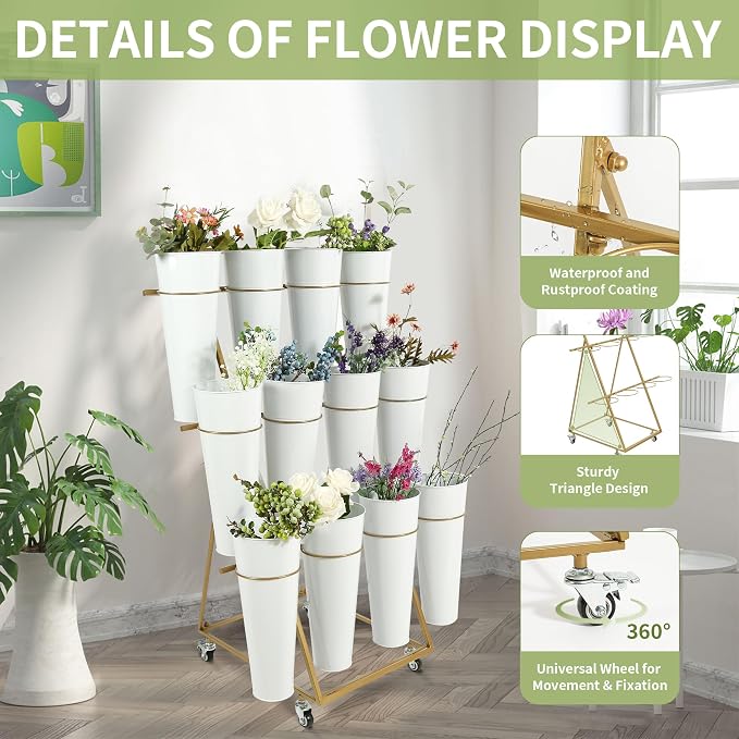Flower Cart with 12 Metal Buckets, 3 Layers Flower Bar Stand with 360° Swivel Wheels and Brake, Flower Display stand with Iron Bucket, Durable than Plastic Buckets, Flower Holder for Florist or Wedding