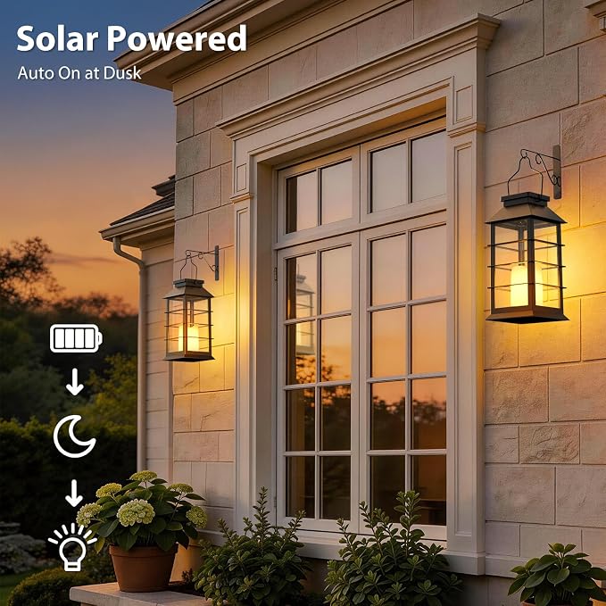 Otdair Solar Lanterns Outdoor Waterproof 4 Pack, 8.62" Retro Solar Lantern with Glass LED Flickering Flameless Candle,Lanterns Decorative Outdoor for Gift, Yard, Garden, Patio, Balcony,Porch, Party