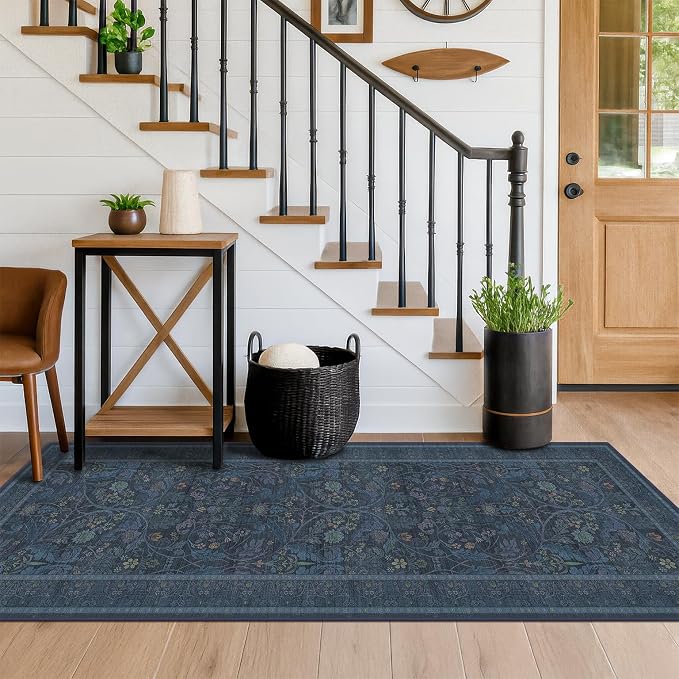 Small Oriental Runner 2x6 Kitchen Runner Rugs Non Slip,Navy Blue Washable Stain Resistant Runner for Entryway, Hallway, Bedside, Bathroom with Floral and Botanical Design