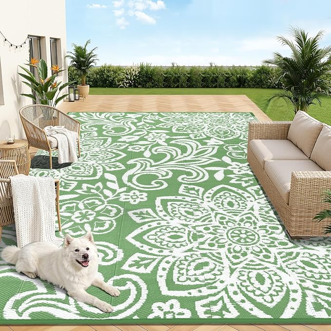 Findosom Waterproof Outdoor Rug 8' x 10' - Reversible Mandala Outdoor Plastic Straw Rug, Durable Foldable Patio Rug for RV, Deck, Balcony, Backyard, Picnic, Porch, Camping, Beach, Green