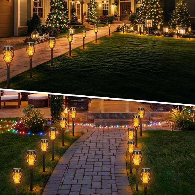Solar Torch Flame Lights, Flickering Flame LED – Waterproof Solar Garden Lights for Patio, Yard, Pathway, Landscape & Backyard Décor (Warm WHITE-12 Pack)