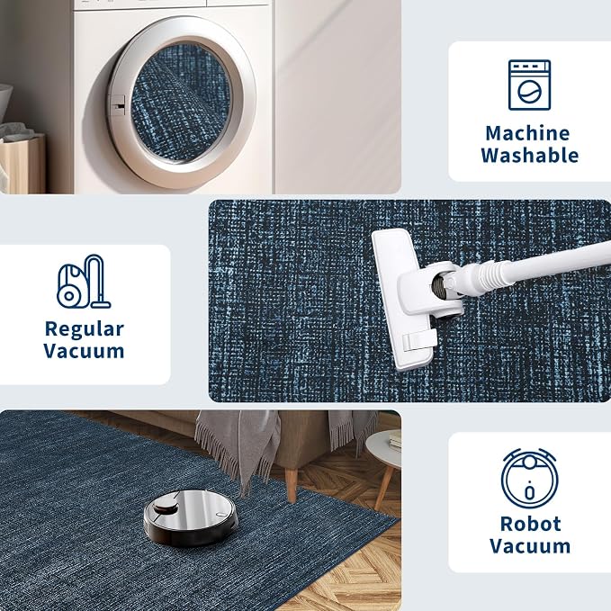Garvee Modern Living Room Rugs 9x12 Dining Room Rugs for Under Table, Navy | Machine Washable Non Slip Solid Color Non Shedding Low Pile Stain Resistant Foldable Neutral Soft Rug for Bedroom Nursery
