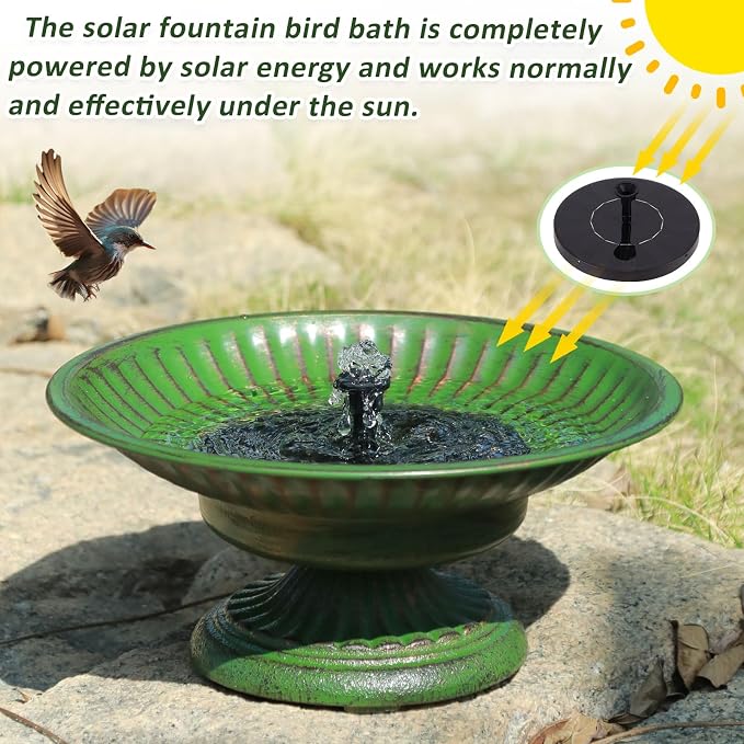 12.3" Solar Bird Bath Bowl,Cast Iron Pedestal Bird Bath with Solar Fountain | Solar Fountains for Bird Bath,Metal Bird Bath Bubbler for Garden, Patio & Yard.
