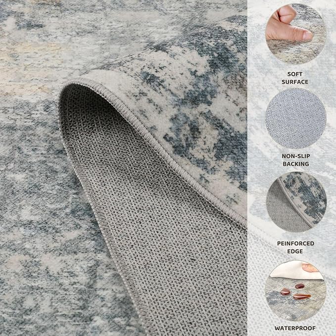 UERMEI 10x14 Area Rug Living Room Rugs - Washable Neutral Modern Abstract Soft Thin Large Rug Indoor Floor No Slip Rug Carpet for Bedroom Under Dining Table Home Office Decor - Blue Grey