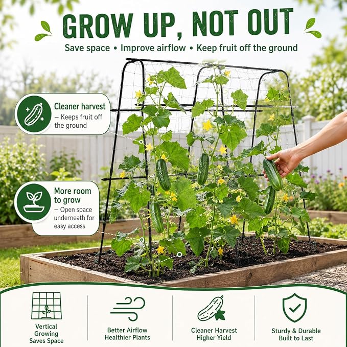 63x63 Cucumber Trellis for Raised Garden Bed, Garden Arch Trellis for Climbing Plants Outdoor, Metal Tomato Cage with Netting, Adjustable Plant Trellis for Tomatoes, Cucumbers, Beans, Peas,Black