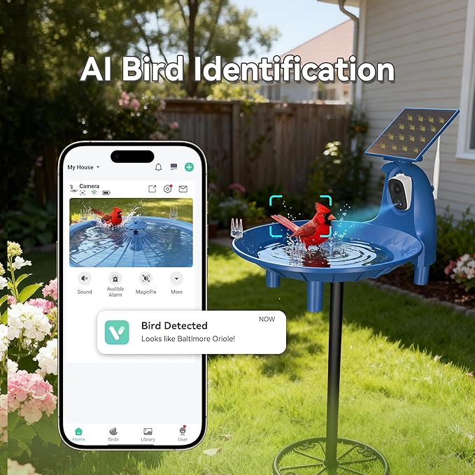 LongPlus Solar Powered Bird Bath Fountain with 2K Camera, Color Night Vision & AI Bird Identification, Outdoor Birdbath with Camera – Gift for Nature Lovers, Parents & Friends