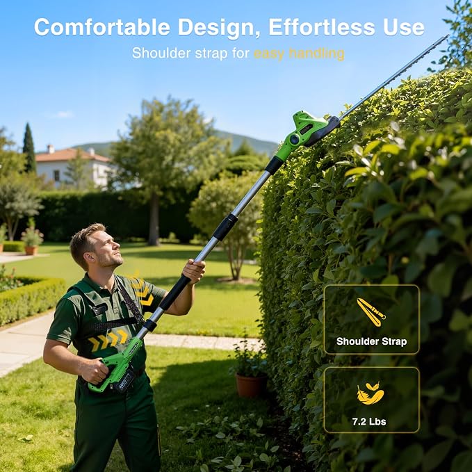 TaskStar Pole Hedge Trimmer Cordless: 20" Electric Long Reach Shrub & Bush Trimmer with Extension Pole, 2x4.0Ah Battery, Dual-Action Blade Hedge Clippers, 3000 SPM High-Speed Motor, 8-Feet Reach