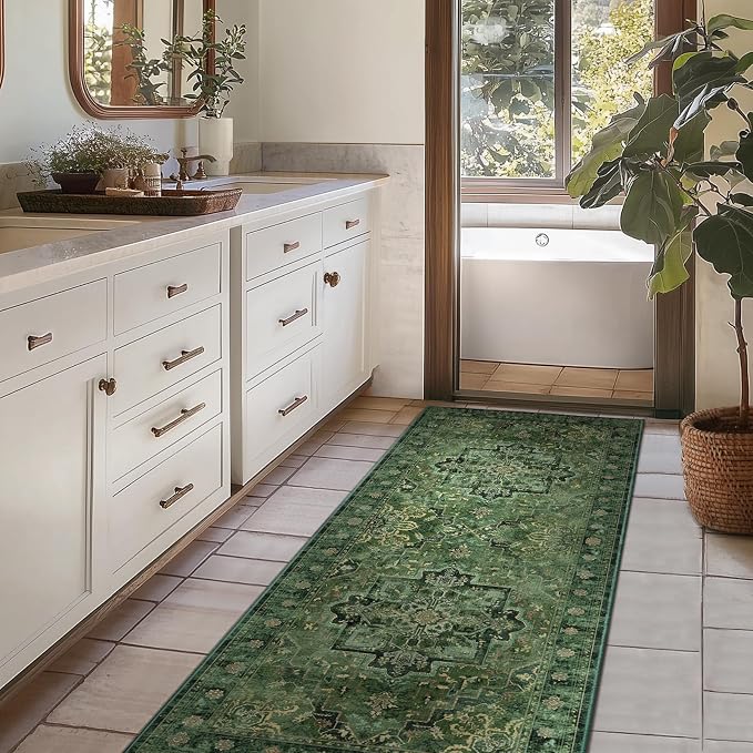 Dark Green Tranditional 2x6 Kitchen Runners Washable Non Slip, Low Pile Vintage Distressed Medallion Printed Carpet Runners for Hallway 6ft Indoor Entryway/Bedroom Bedside/Laundry Room/Bathroom