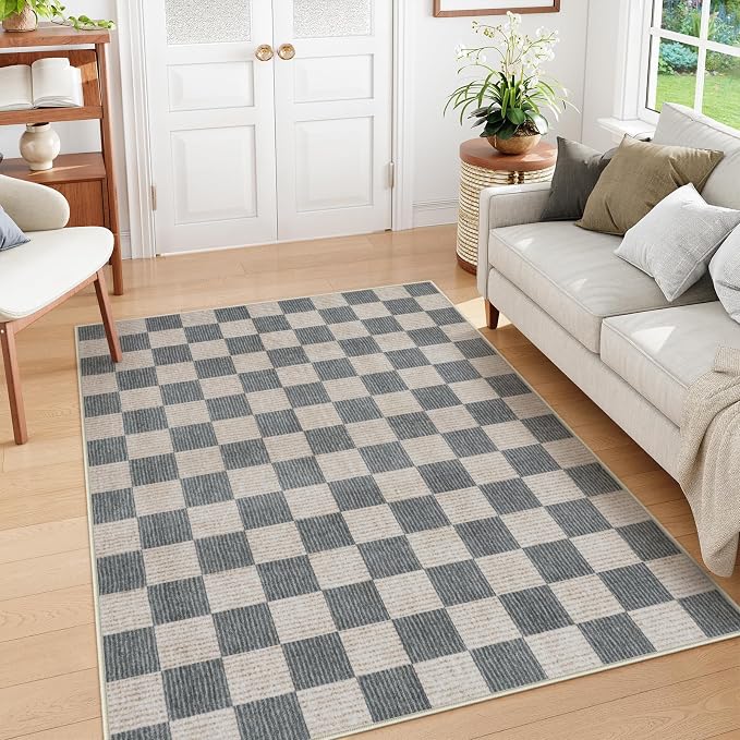 Machine Washable 5x7 Area Rugs for Living Room Checkered, Non Slip Soft Low Pile Geometric Modern Neutral Playroom Rugs for Bedroom Indoor, Large Carpet Rugs for Dining Room Kitchen(Grey, 5'x7')