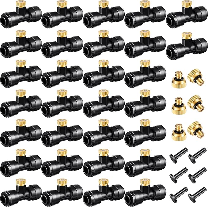 72 Pieces Brass Misting Nozzles Include Water Misting Tees Thread 1/4 Inch and Brass Orifice Nozzle with Black Plug for DIY Outdoor Patio Garden Backyard Cooling Spray System