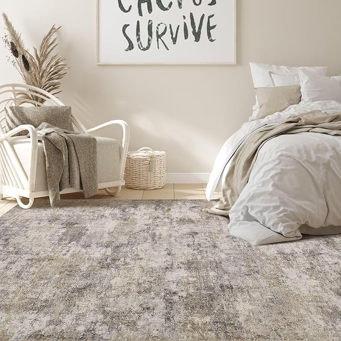 Nakagishi Boho 7x9 Area Rug Living Room Rugs Machine Washable Brown Grey | Soft, Pet & Kid Friendly, Carpet for Living Room/Bedroom/Office/Kitchen/Nursery, Daily Home Decor Stain Resistant Moroccan