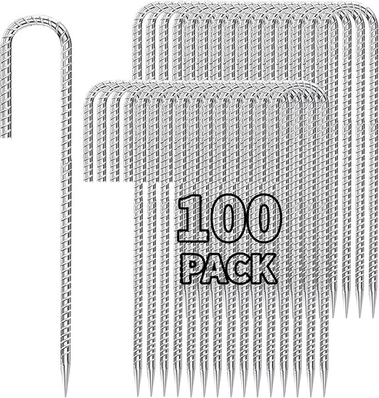 Besitu 12 inch Stakes Heavy Duty 100-Pack J Hook Metal Fence Stake for Dogs Digging Tent and Outdoor Decorations Inflatables Rebar Metal Spikes for Ground
