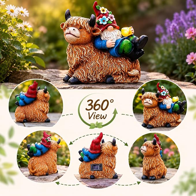 Pohabery Garden Gnomes Decor Outdoor Statues, Gnome on Highland Cow with Solar Cup Light, Patio Yard Decor, Gift for Mom Women Garden Lovers（M