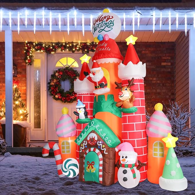 MUMTOP 10FT Christmas Inflatables Outdoor Decoration, Candy Castle Christmas Inflatable with Santa,Snowman,Elk,Penguin and Built-in Led Lights Blow Up Inflatable for Outdoor Party Garden Decoration