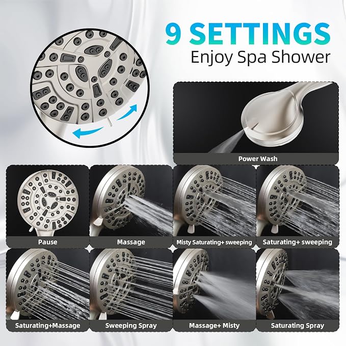 BESAQUO Shower Head, 9 Settings High Pressure shower head with handheld, Built-in Pause Mode & Power Wash, Non-Clogging Nozzles, 6ft Hose,Bracket(Satin Nickel, 9 Settings)