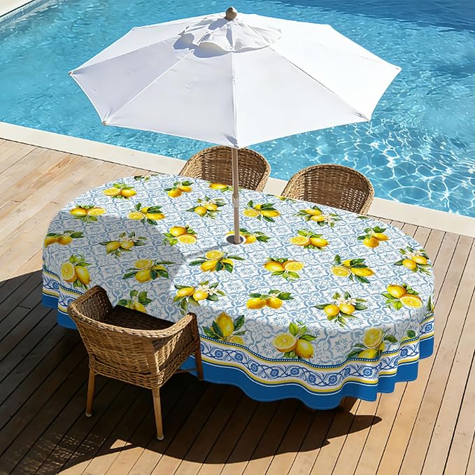 Lemon Outdoor Oval Tablecloth with Umbrella Hole 54" x 72" Waterproof Zipper Table Cloth for Patio Table - Ideal Tablecloths for Picnics, Camping, and Yard Use
