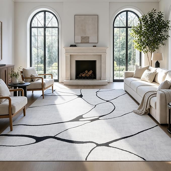 8x10 Washable Modern Abstract Black White Area Rug | Ultra-Thin Low Pile, Non-Slip TPE Backing, Soft Stain Resistant, Machine Washable, for Bedroom Livingroom High Traffic