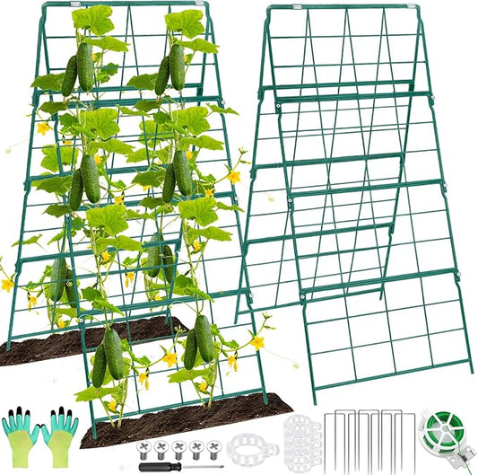 Cucumber Trellis for Raised Bed A Frame Metal Garden Trellis for Climbing Plants Outdoor, 42 x 16IN Foldable Coated Steel Cucumbers Trelli, Easy to Install Cucumber Trellis for Vegetable Fruit