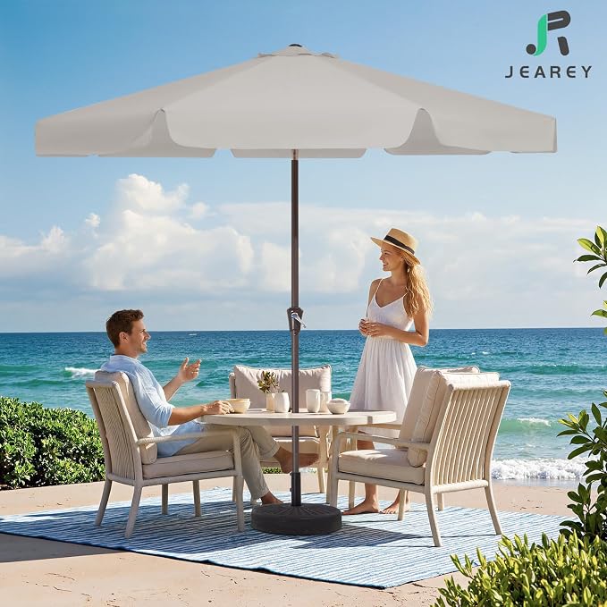 JEAREY 9 FT Patio Umbrella Outdoor, Table Umbrellas Market Umbrella w/Push Button Tilt/Crank, 8 Sturdy Ribs(Fog Gray)