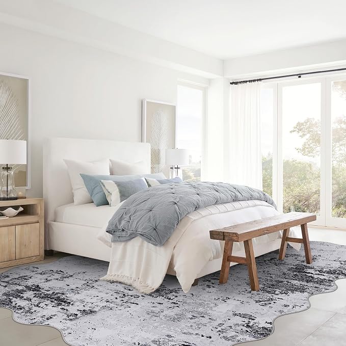 ROYHOME 8x10 Scalloped Modern Abstract Rug Faux Wool Accent Rug, Grey | Ultra Soft Machine Washable Rug Non Slip Non Shedding for Bedroom Dining Room Office Home