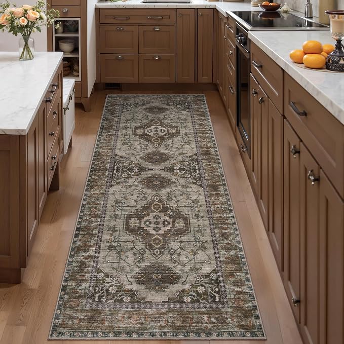 Tangsoo Vintage 2.6x10 Washable Hallway Runner Rug, Non Slip Runner Rug | Oriental Soft Low Pile Long Rug Runner, Boho Print Carpet Runners for Hallway Kitchen Bedroom Entryway Living Room Grey