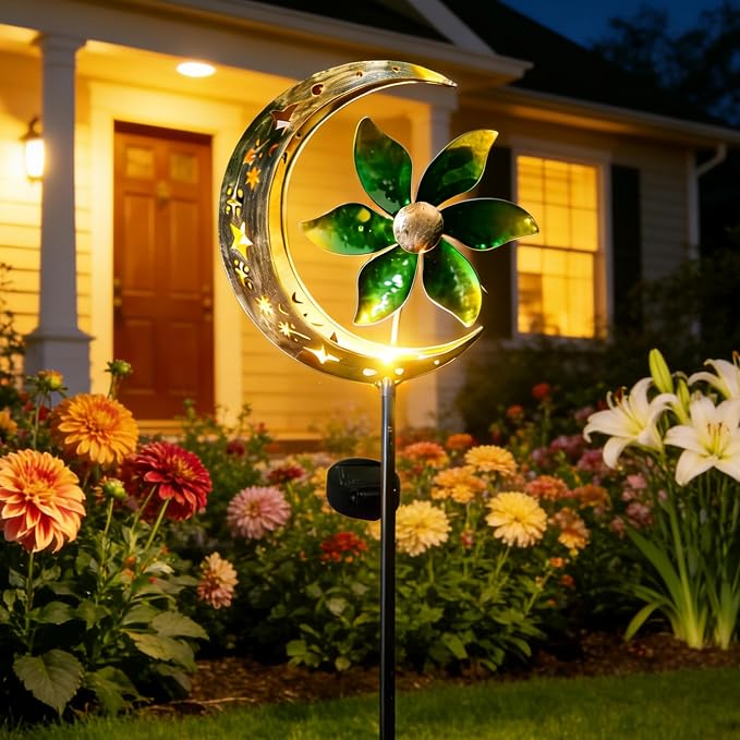SunKite Spinner Windmill Moon Outdoor Lights Waterproof,Solar Moon Garden Light Outdoor Decorative Stakes Lights Yard Garden Patio Lawn Pathway Decoration Gifts Grandma Mom