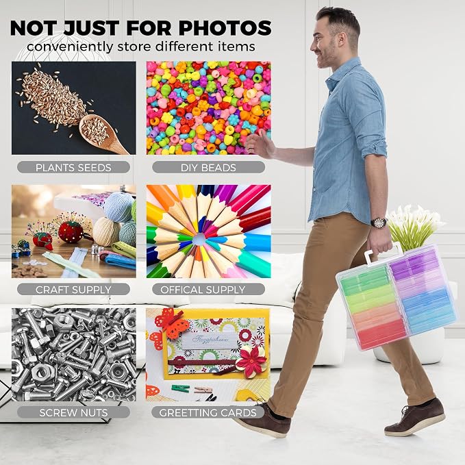 Plastic Clear Photo Storage Box Picture Storage Containers With Handle,16 inner 4×6 inch Photo Cases For Photos,Picture,Greeting Card,Stickers,Seed,Craft Supplies (Colorful)