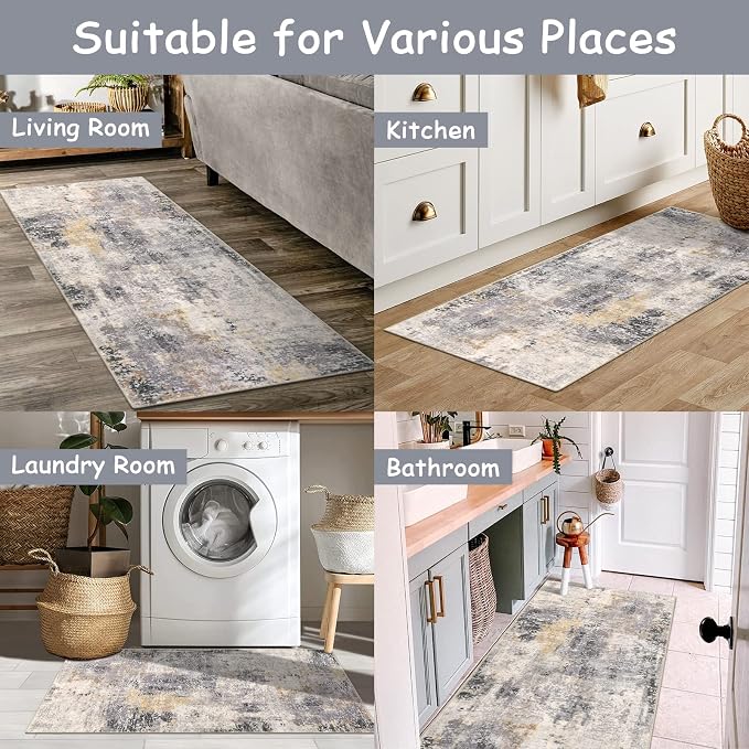 Lahome 2x4 Runner Rug for Hallway, Washable Soft Runner Rug Non Slip, Easy Clean Stain Resistant Carpet for Entryway, Laundry, Bedroom, Helps Soften Footstep &Protect Floors, 2 x 4 Grey