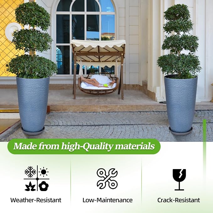 QCQHDU Set of 2 9 Gallon Tall Large planters for Outdoor/Indoor Plants of 12" Dia x 21" H Round Flower Pots Set Faux Stone Finish Front Door Patio Square Porch Planters with Tray, Sky Blue