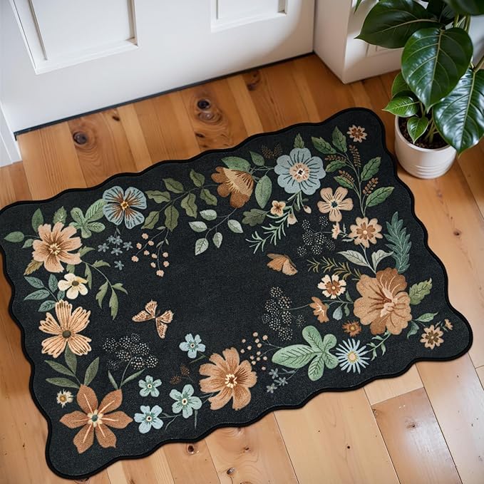 Lahome Floral Entryway Rug, 2X3 Washable Kitchen Rug Ultra-Thin, Non-Slip Soft Door Mat Indoor Entrance Boho Small Low-Pile Flore Carpet for Bathroom Bedroom (2x3ft,Black/Grey)