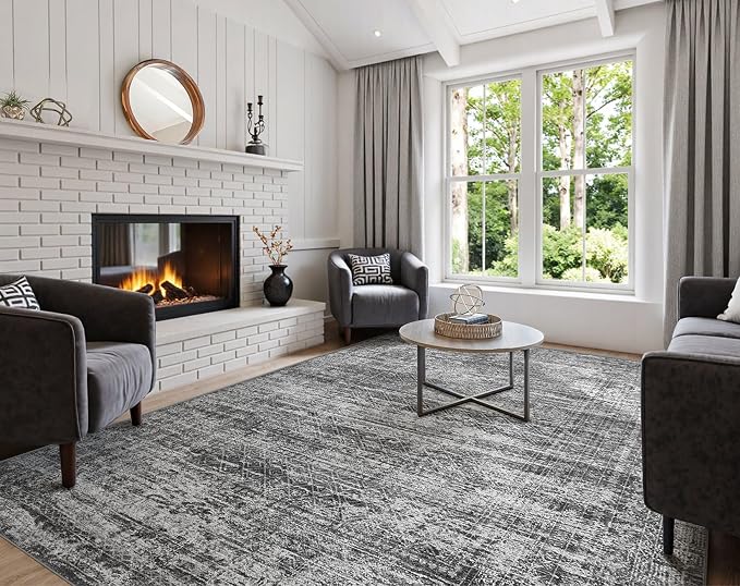 UERMEI 9x12 Area Rug Living Room Rugs - Washable Neutral Modern Abstract Soft Thin Rug Indoor Floor No Slip Rug Carpet for Bedroom Under Dining Table Home Office Decor - Dark Gray