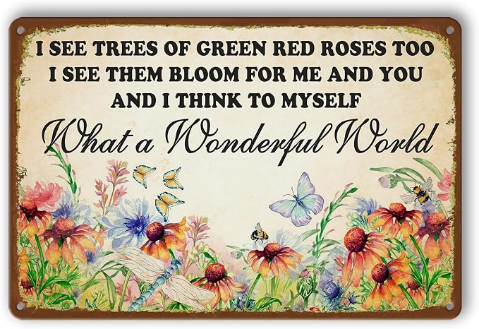 Garden Metal Signs For Outside Tin Sign Vintage Garden Wall Art Decor Outdoor Dragonfly Metal Tin Signs What A Wonderful World I See Trees Of Green Red Roses Too Sign 12 X 8 Inch