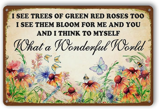 Garden Metal Signs For Outside Tin Sign Vintage Garden Wall Art Decor Outdoor Dragonfly Metal Tin Signs What A Wonderful World I See Trees Of Green Red Roses Too Sign 12 X 8 Inch