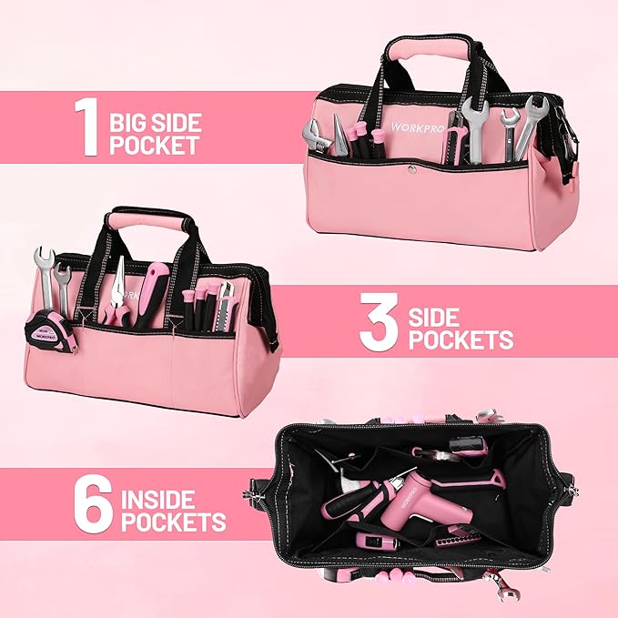 WORKPRO 13-Inch Tool Bag, Pink Soft Cloth Tool Storage Bags, Wide Mouth Tool Tote Bag with Inside Pockets - Pink Ribbon | Soft Cloth, Wide Mouth, Tool Tote Bag