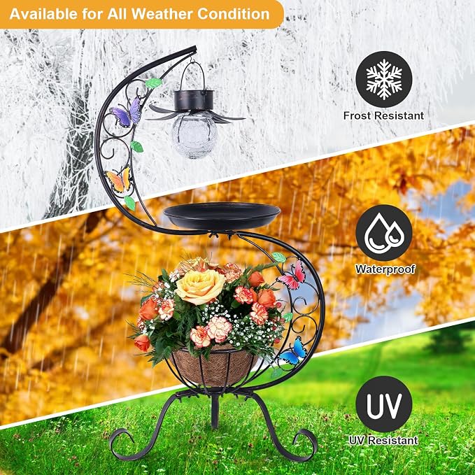 hogardeck Bird Bath for Outside with Solar Lamp, Metal Birdbaths for Outdoors with Flower Planter Pedestal, Vintage Birdbath for Garden Yard Patio Lawn Decor